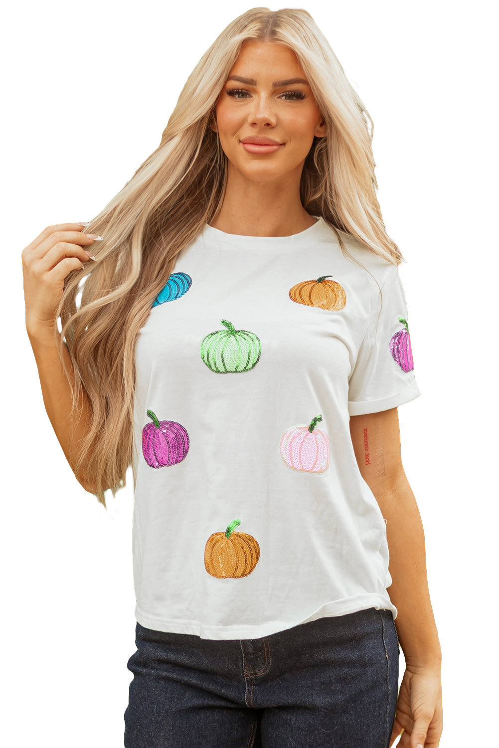 White Sequin Pumpkin Patched Cotton Blend T Shirt