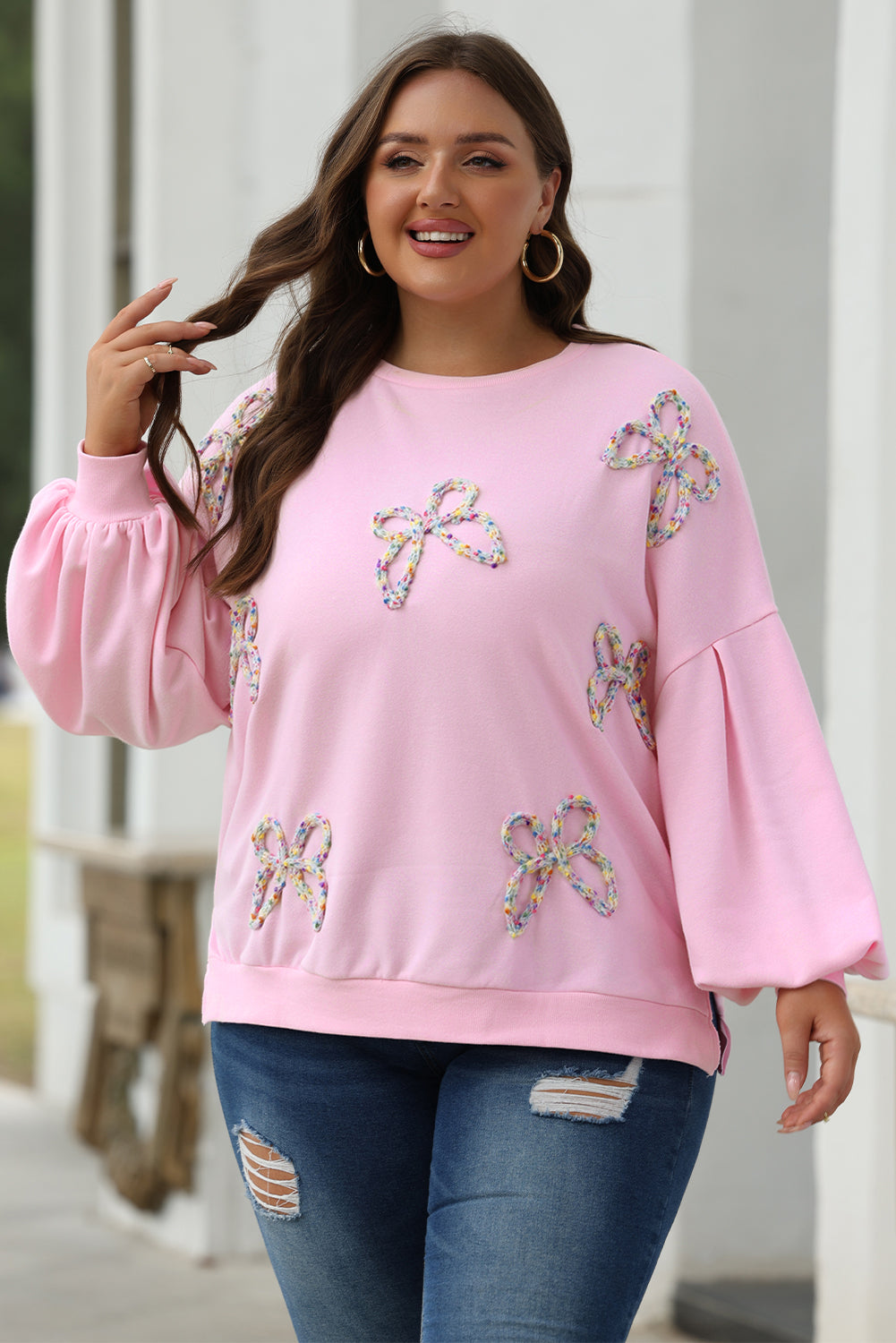 Light Pink Embroidered Bow Lantern Sleeve Oversized Pullover Sweatshirt Kawaii