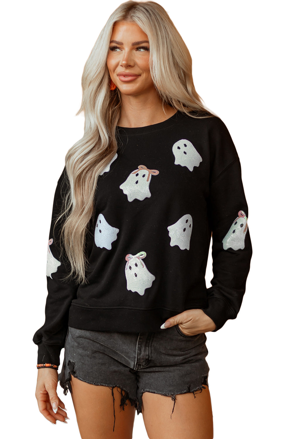 Black Sequin Cute Bow Ghost Graphic Crew Neck Halloween Sweatshirt