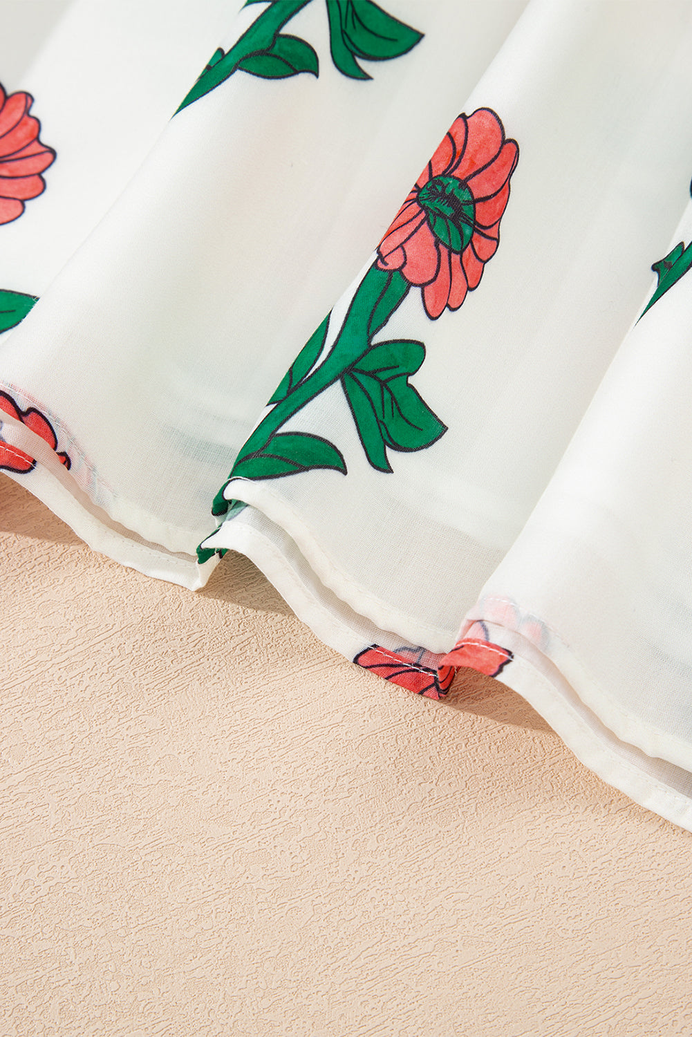 Beige Floral Print Shirred Split Neck Short Sleeve Blouse