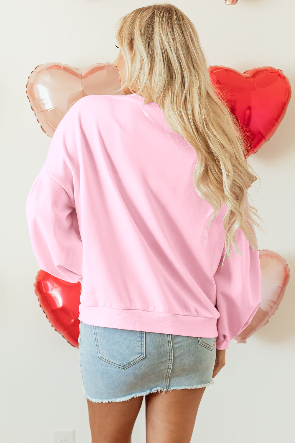 Light Pink Embroidered Bow Lantern Sleeve Oversized Pullover Sweatshirt Kawaii