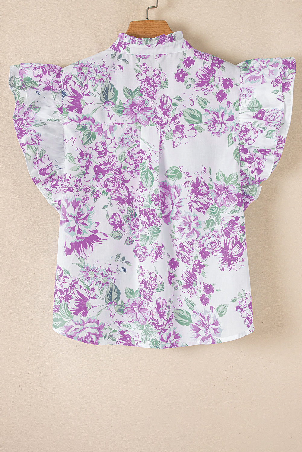 Purple Floral Print Ruffle Sleeve Frilly Button Up Shirt