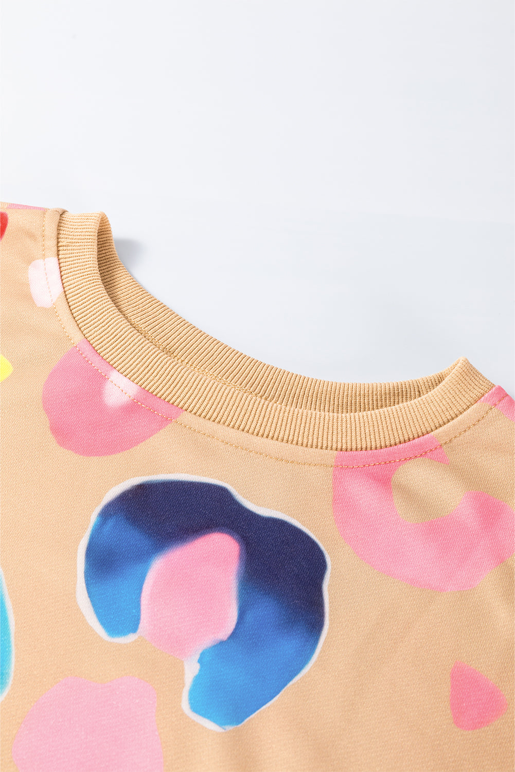 Khaki Multicolor Leopard Printed Drop Shoulder Pullover Sweatshirt Kawaii