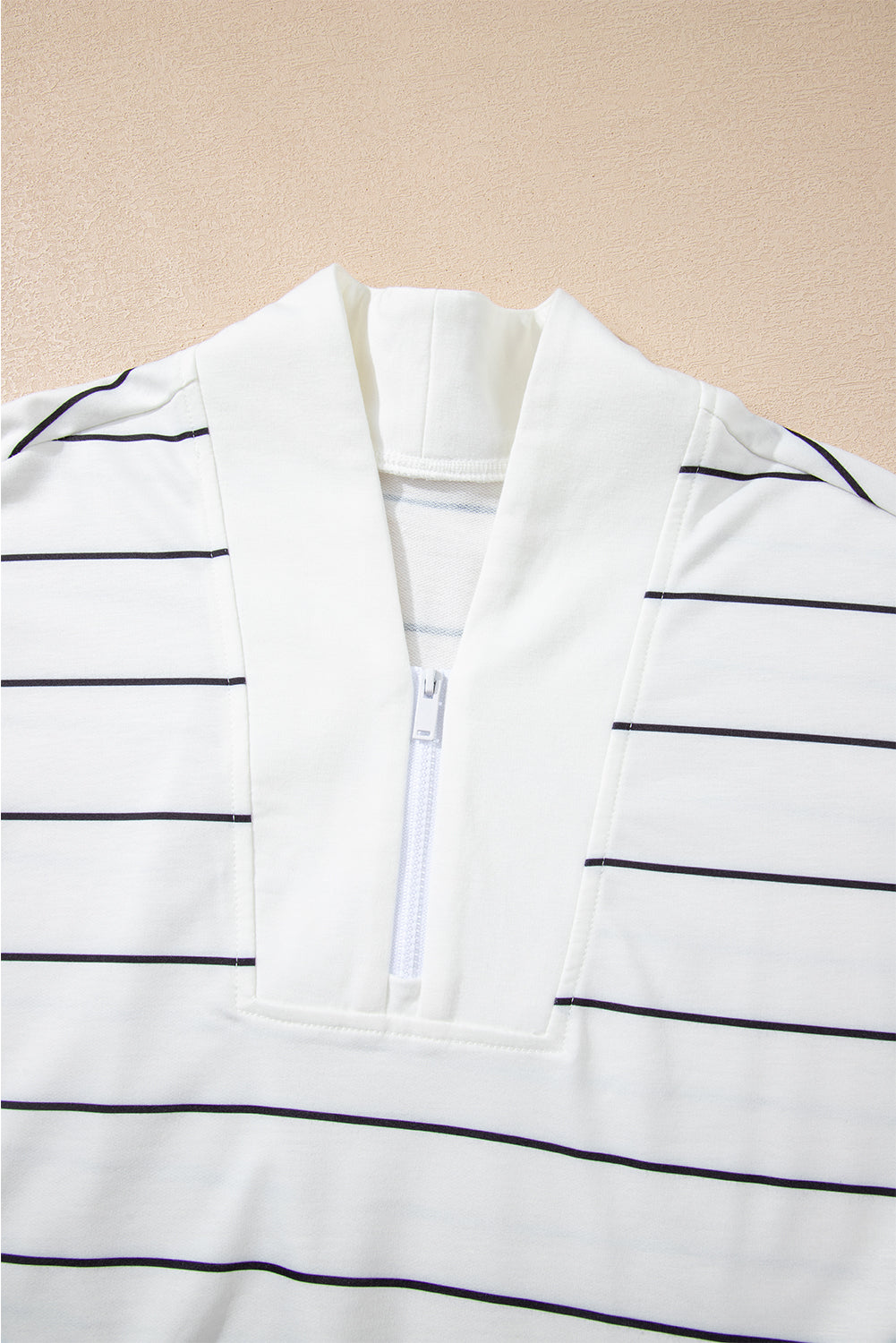 White Zip V Neck Casual Stripe Print Drop Shoulder Long Sleeve Top