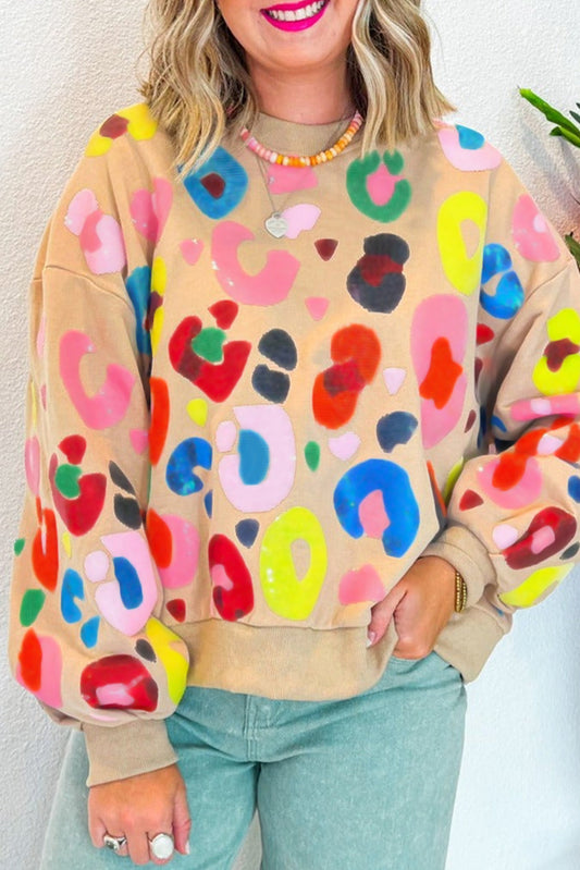 Khaki Multicolor Leopard Printed Drop Shoulder Pullover Sweatshirt Kawaii