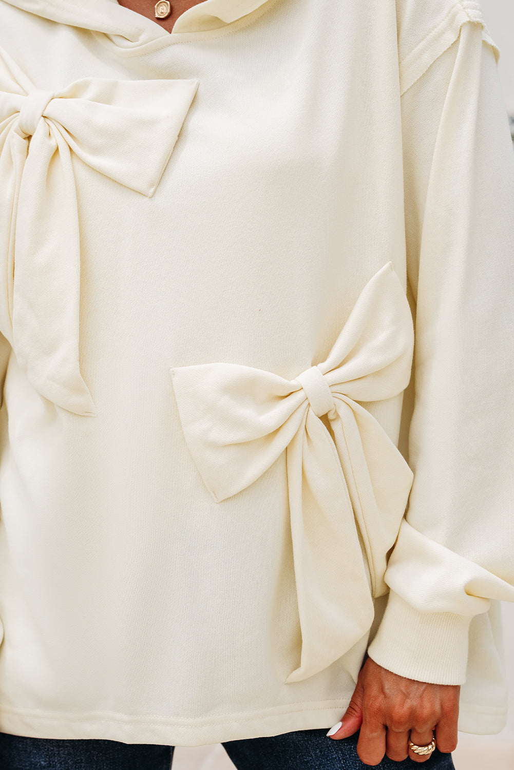 White Solid Color Cute Bow Detail Loose Hoodie