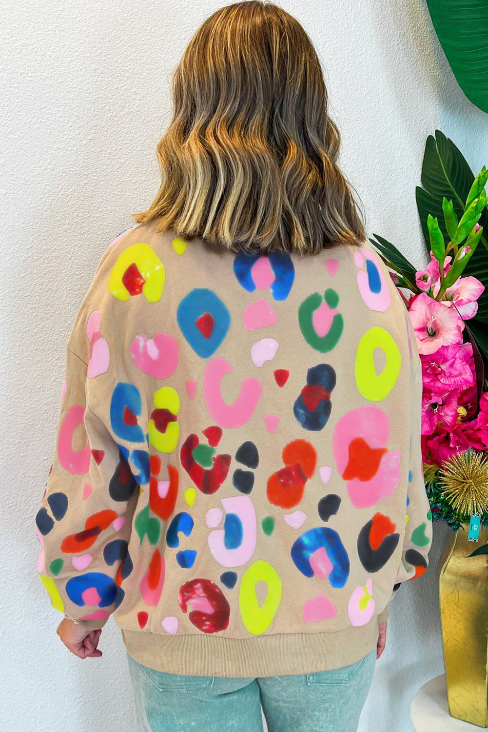 Khaki Multicolor Leopard Printed Drop Shoulder Pullover Sweatshirt Kawaii