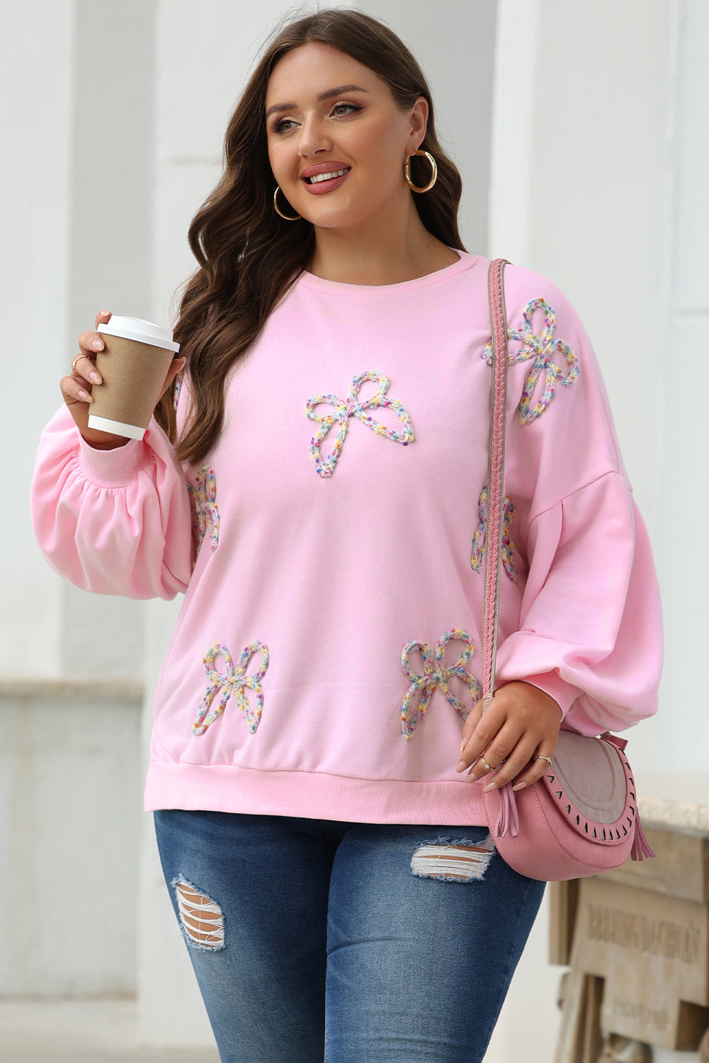 Light Pink Embroidered Bow Lantern Sleeve Oversized Pullover Sweatshirt Kawaii