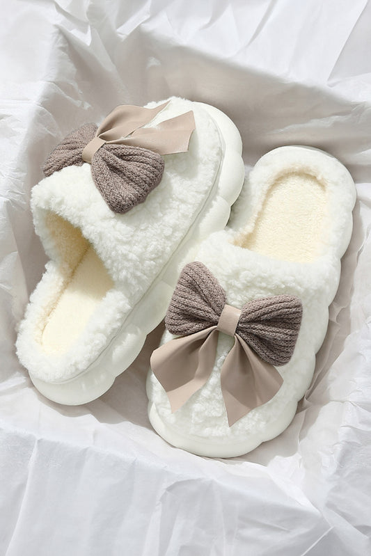 White Contrast Bowknot Winter Slippers (Bow Colors May Differ by Batch)