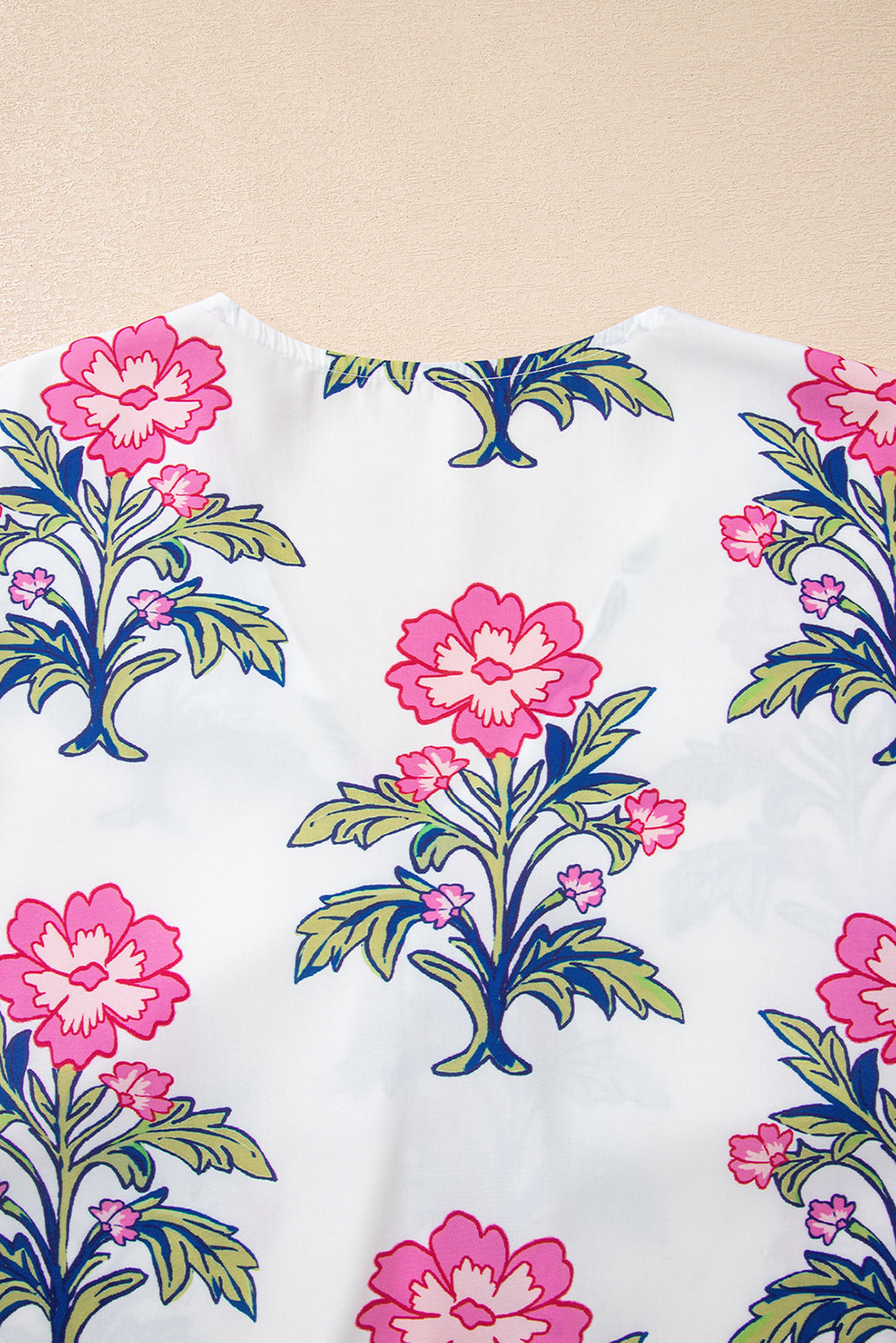 White Floral Colorblock Stripe Knot Bubble Sleeve V Neck Blouse