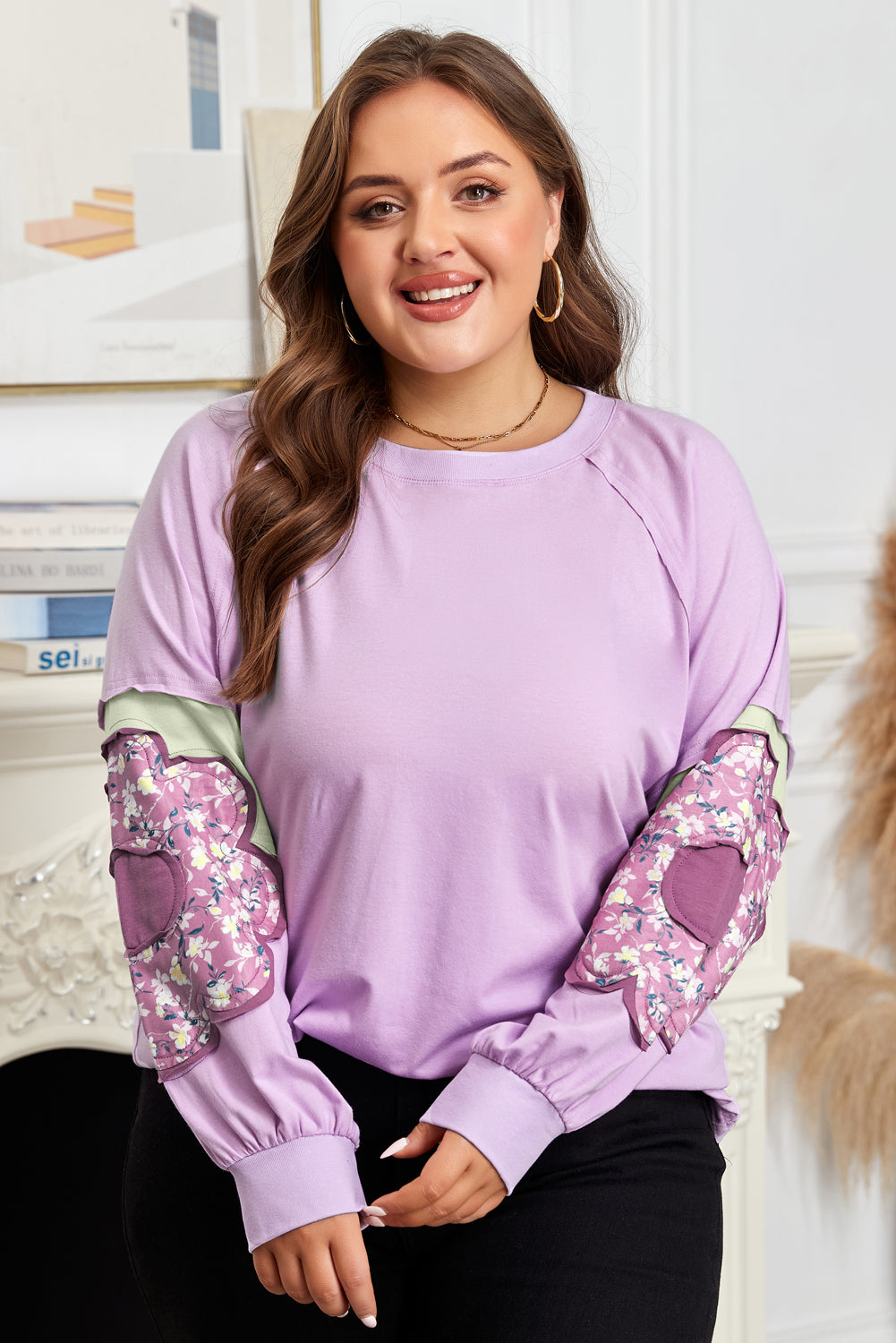 Phalaenopsis Flower Patch Colorblock Plus Size Pullover Top