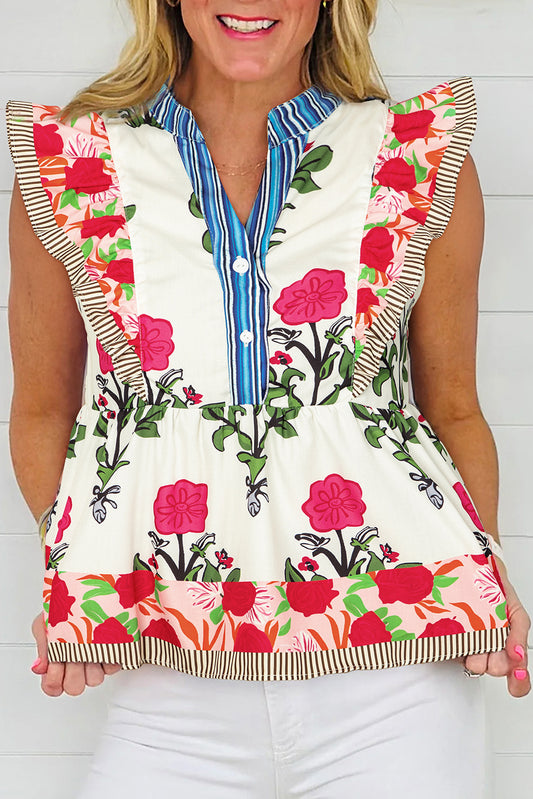 Pink Floral Print Tie Neck Striped Detail Flutter Sleeve Blouse
