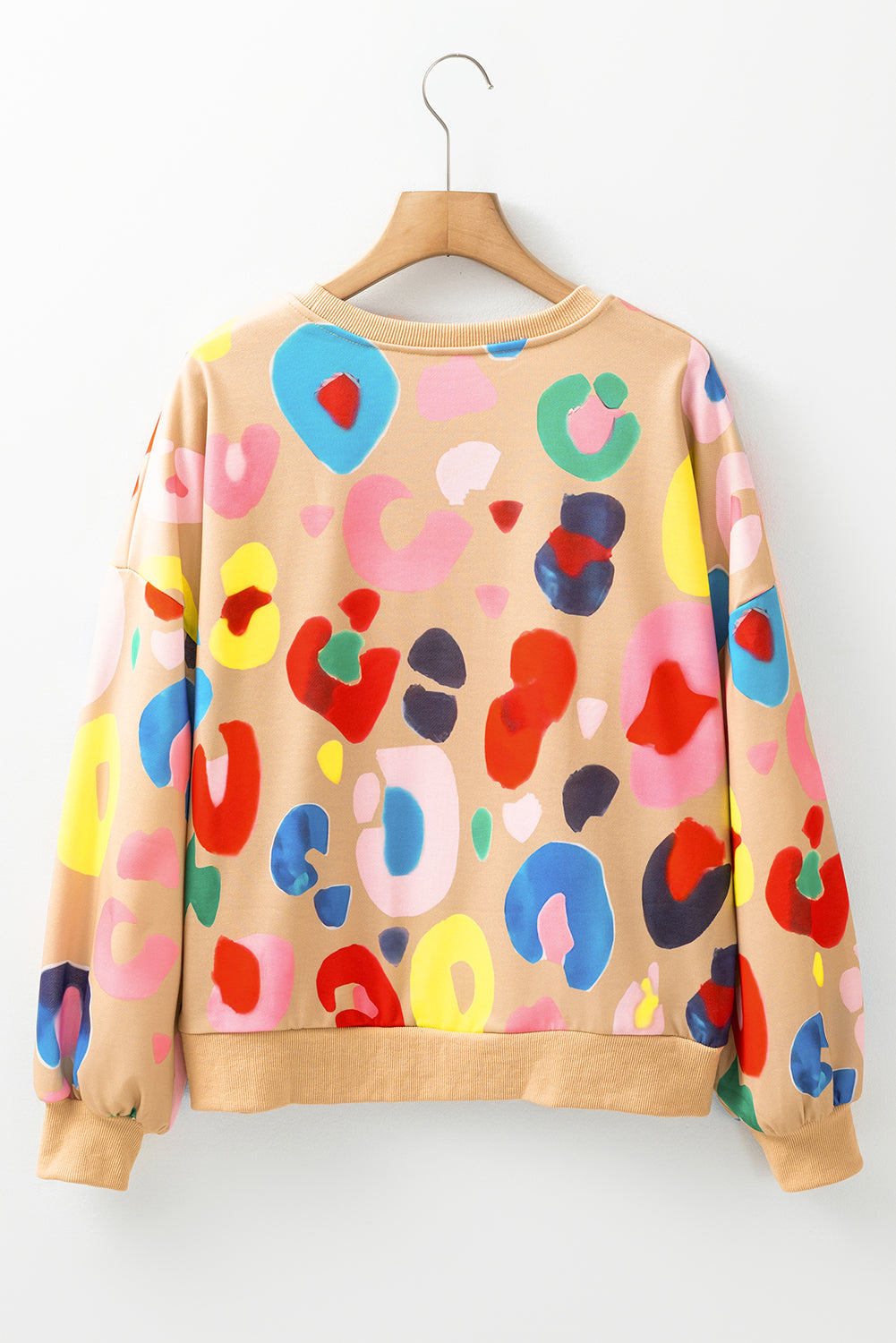 Khaki Multicolor Leopard Printed Drop Shoulder Pullover Sweatshirt Kawaii