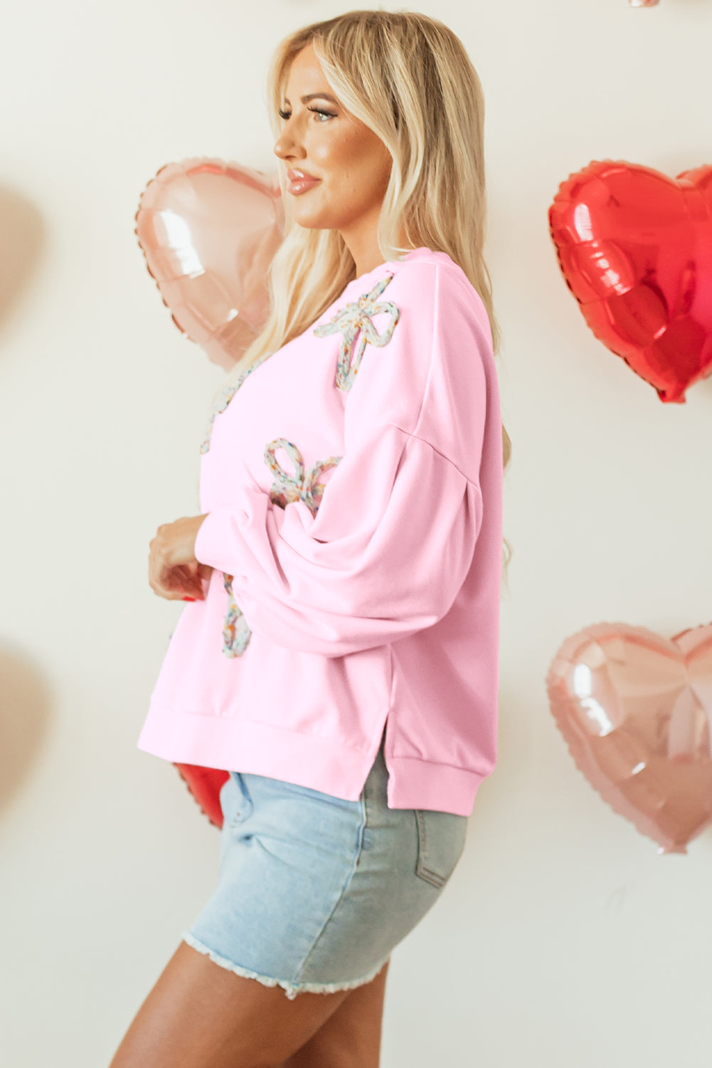 Light Pink Embroidered Bow Lantern Sleeve Oversized Pullover Sweatshirt Kawaii