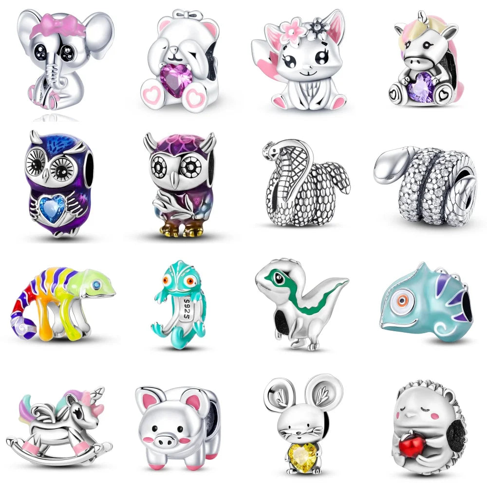 925 Sterling Silver Cute Bear Rabbit Beads Bracelet Charms Fit BangleJewelry