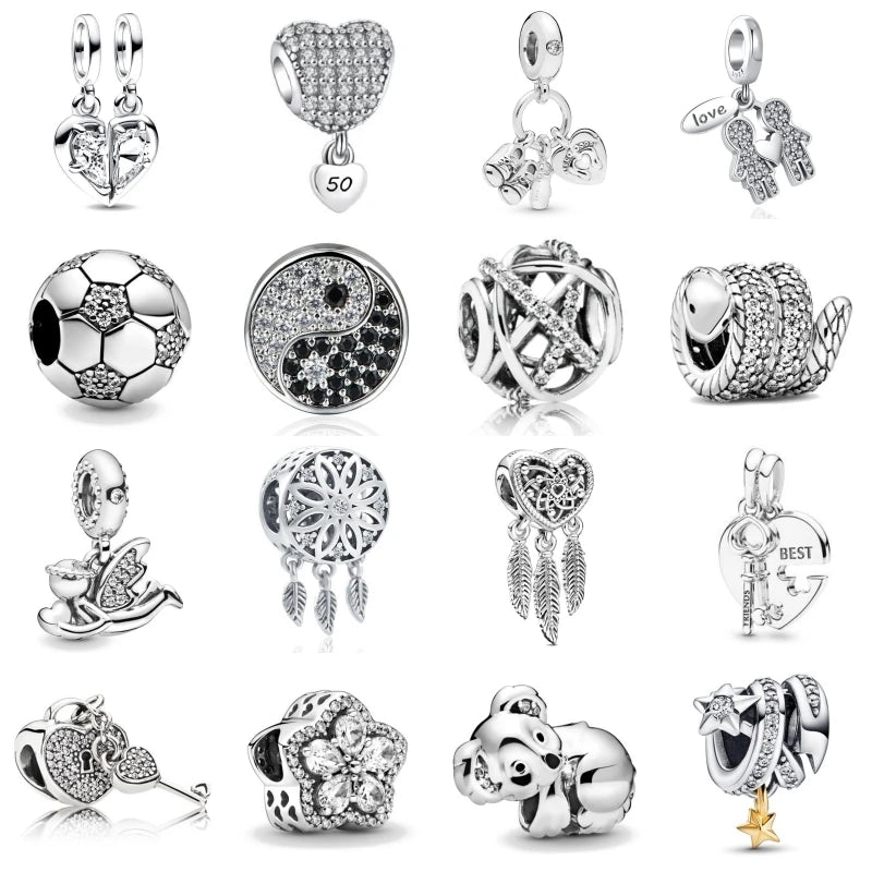 NEW 925 Sterling Silver Charm Fit Original Bracelet Accessories Women Jewelry White Series Football Snake Dreamcatcher Cross