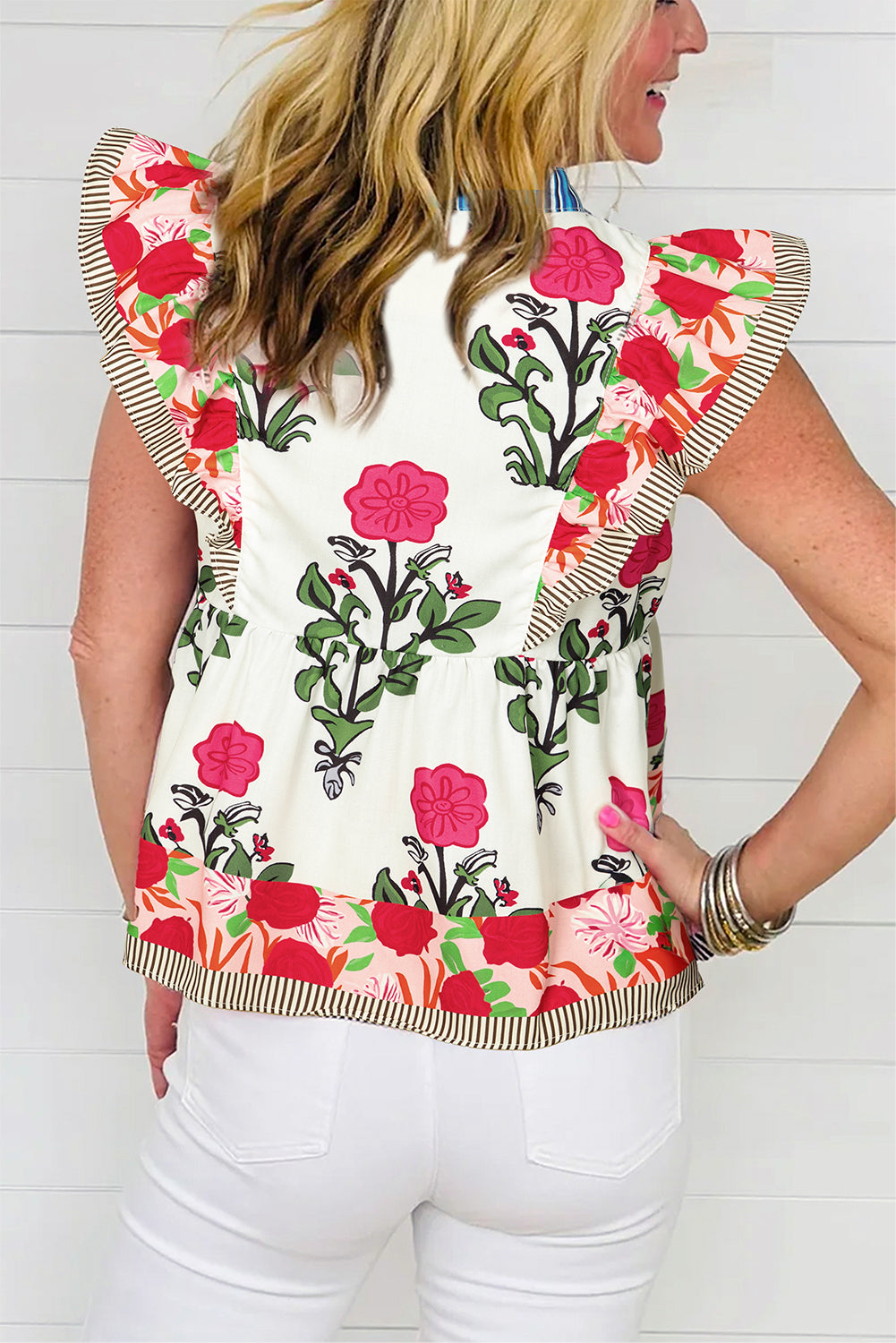 Pink Floral Print Tie Neck Striped Detail Flutter Sleeve Blouse