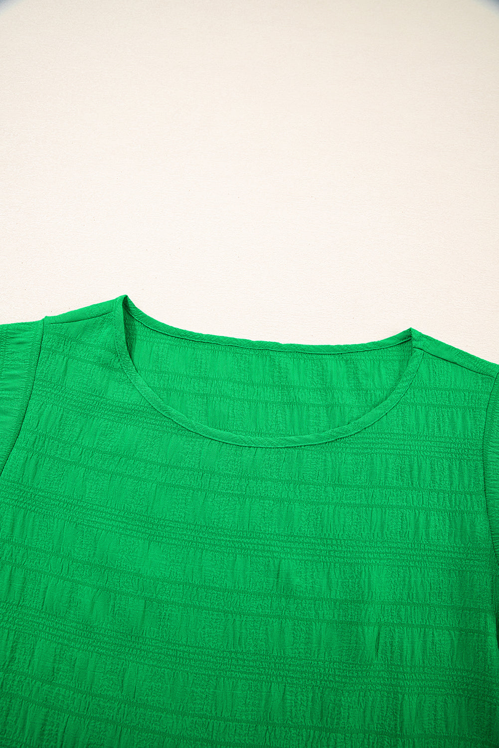 Dark Green Textured Ruffled Sleeve Round Neck Top