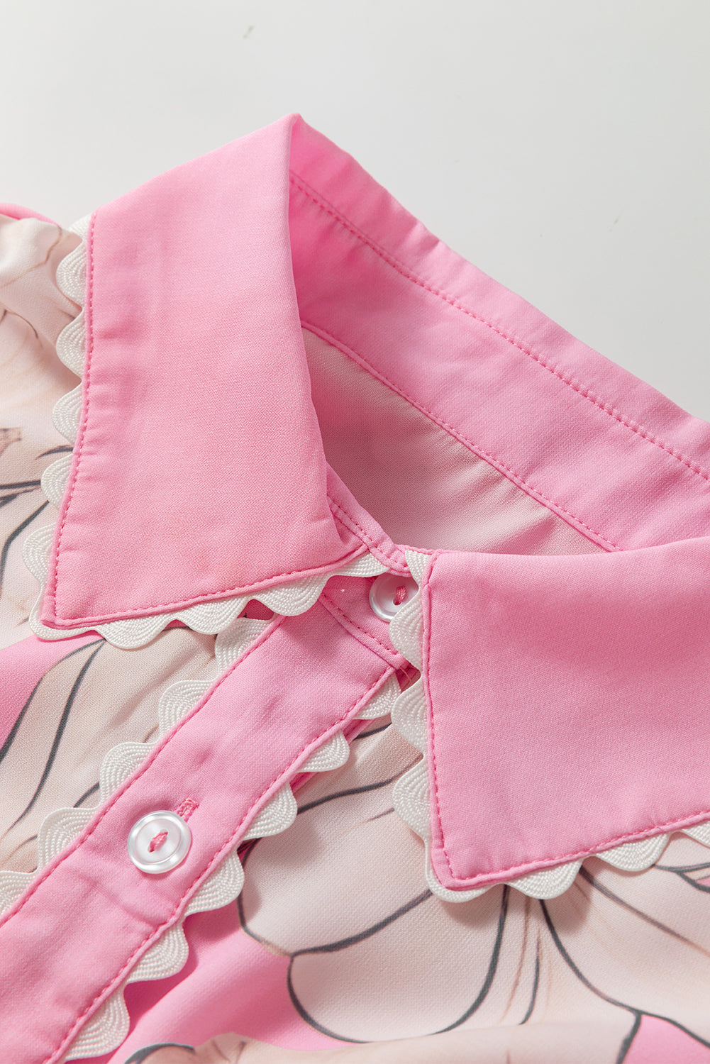 Rose Floral Ric Rac Edge Puff Sleeve Button Up Summer Shirt
