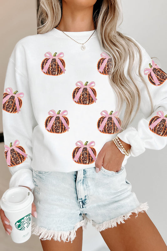 White Sequin Bow Pumpkin Patched Cotton Baggy Sweatshirt