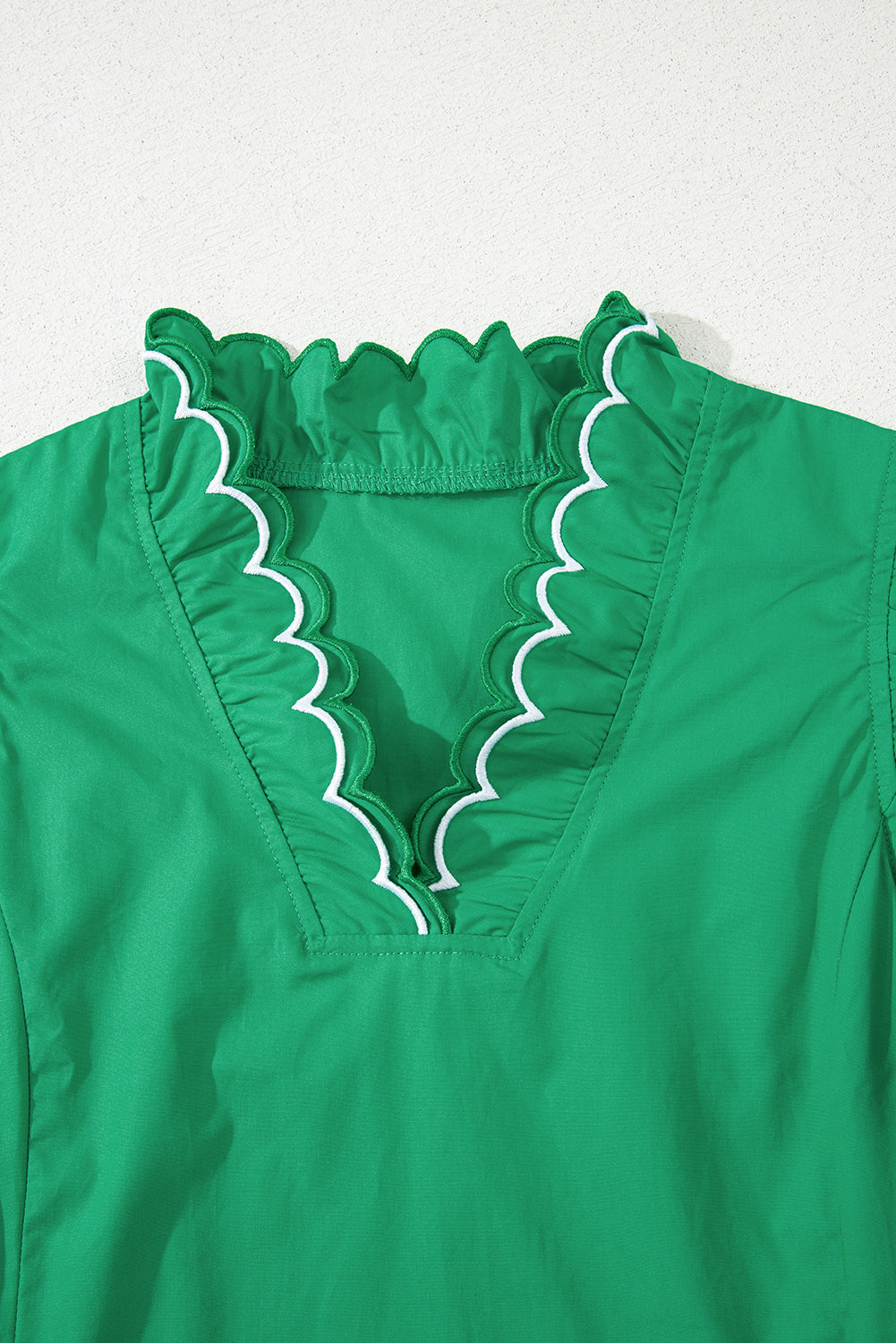 Bright Green Contrast Scallop Trim Layered Short Sleeve V Neck Blouse
