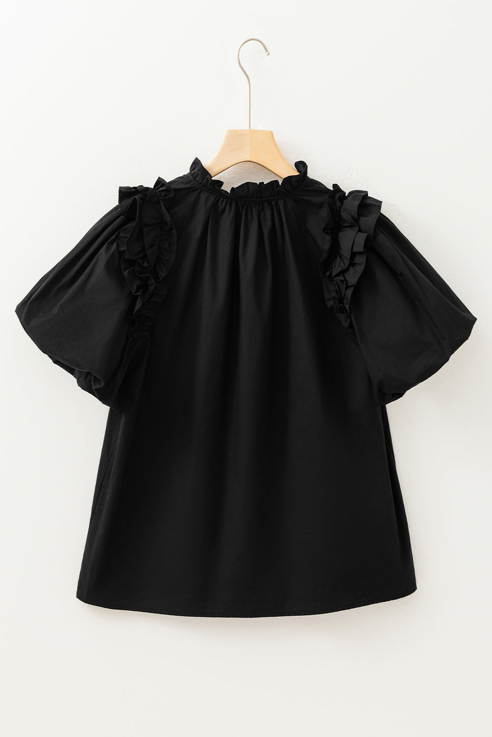 Black Ruffled Puff Short Sleeve Loose Blouse