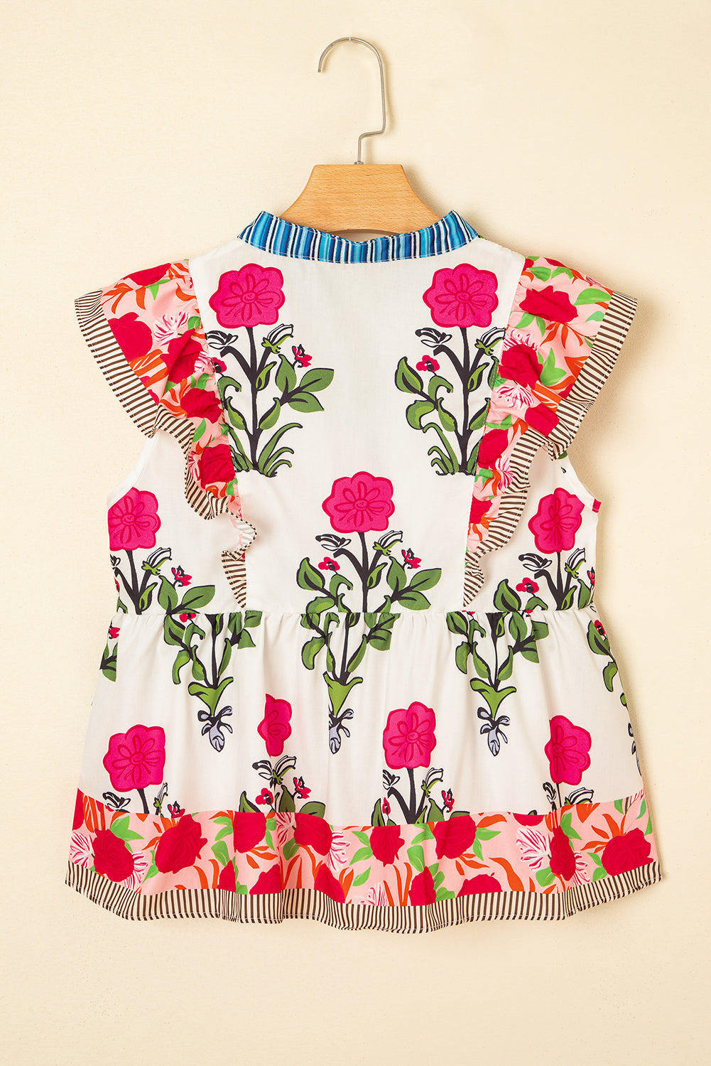 Pink Floral Print Tie Neck Striped Detail Flutter Sleeve Blouse