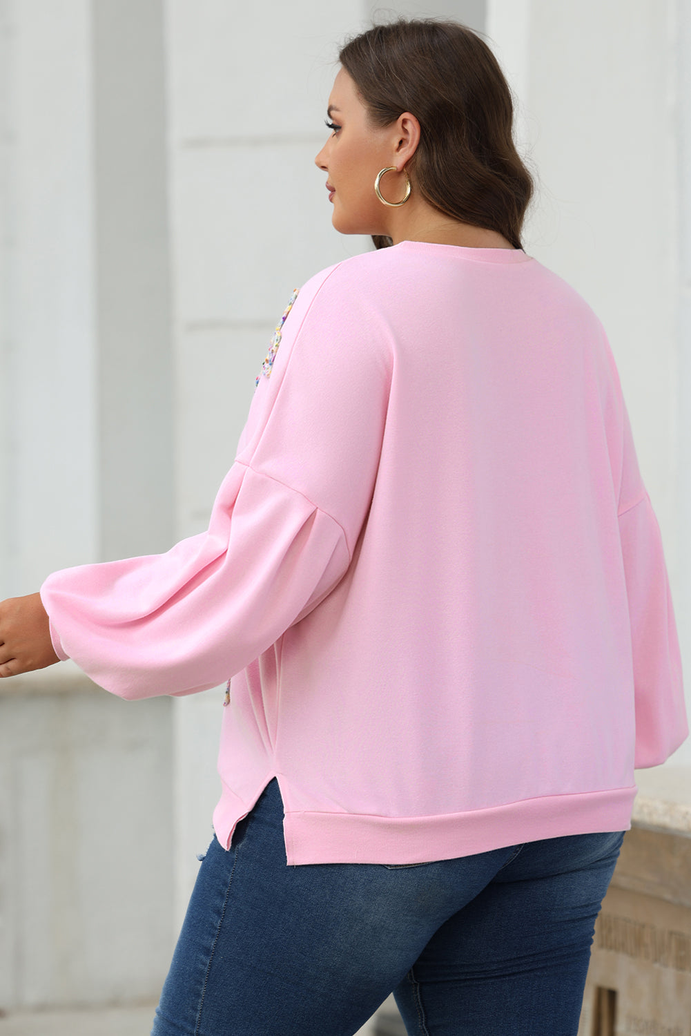 Light Pink Embroidered Bow Lantern Sleeve Oversized Pullover Sweatshirt Kawaii
