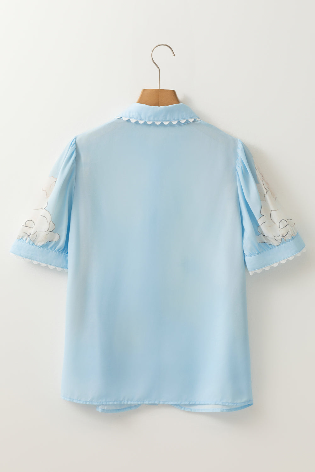 Sky Blue Floral Ric Rac Edge Puff Sleeve Button Up Summer Shirt