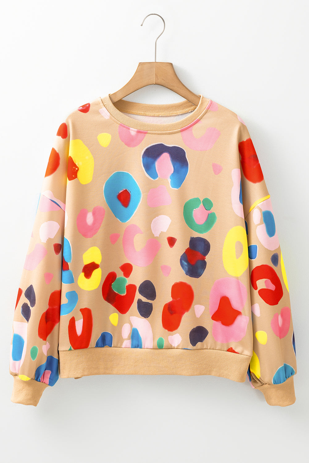 Khaki Multicolor Leopard Printed Drop Shoulder Pullover Sweatshirt Kawaii