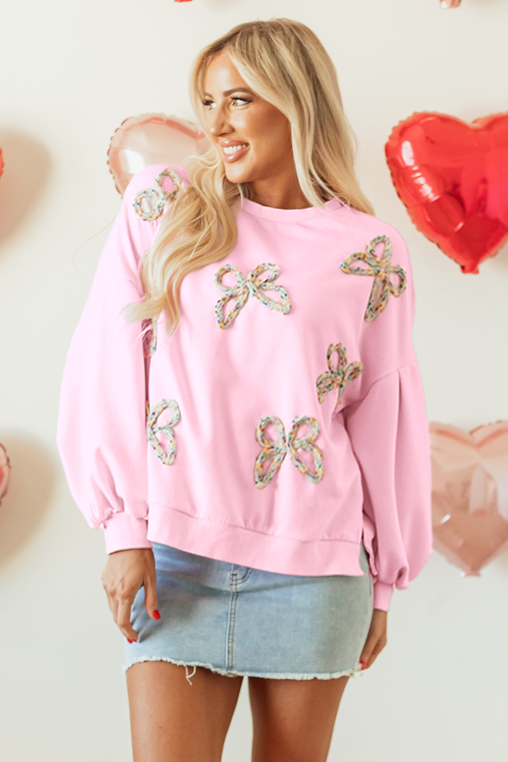 Light Pink Embroidered Bow Lantern Sleeve Oversized Pullover Sweatshirt Kawaii