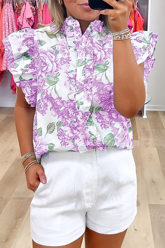 Purple Floral Print Ruffle Sleeve Frilly Button Up Shirt